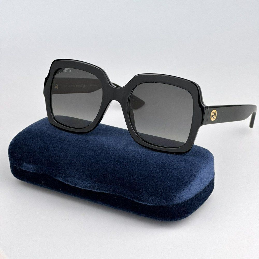 NEW Gucci GG1337S 002 Shiny Black Gradient Gray Polarized Square Women Sunglasse - Picture 2 of 13